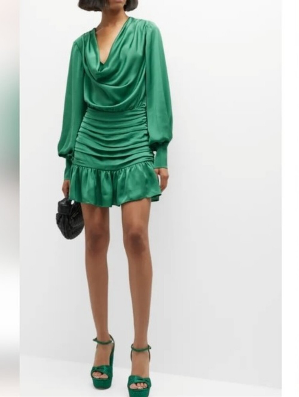 Ramy Brook Emerald Green Satin Cowl Neck Mini Dress